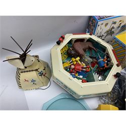 Collection of 1980s/90s Playmobil - vehicles including Fire-Engine No.21, Mobil Crane No.28, Quick Service Truck No.1 with trailer, Dumper Truck, GSL Sports car, GS Turbo car and three motorcycles; together with boxed Knights Tournament Set, Playmospace Space Station and Shuttle, wigwam and various accessories and figures etc