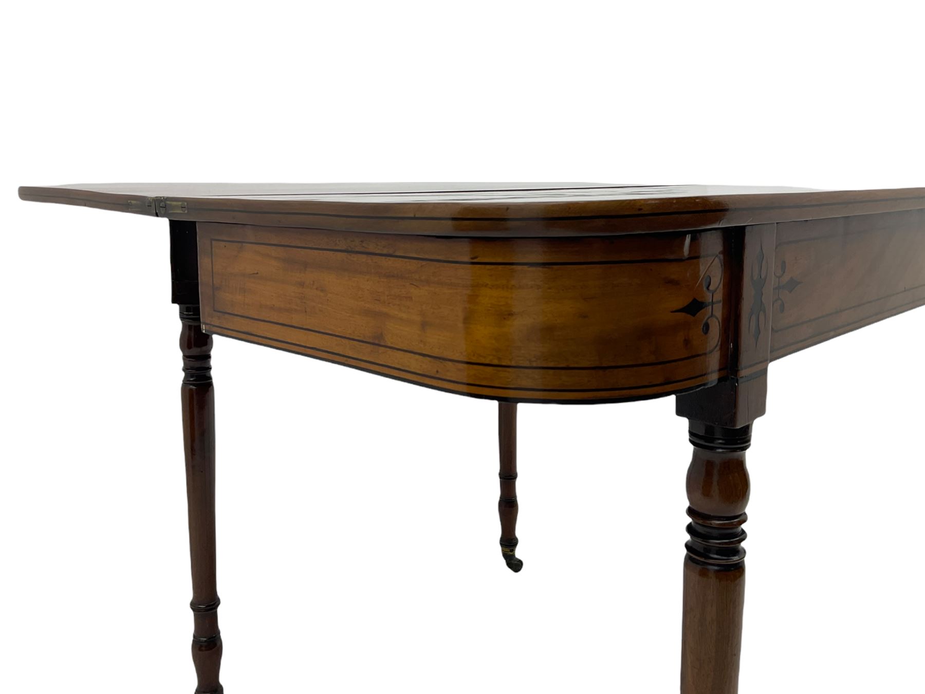 Early 19th century inlaid mahogany D-shaped tea table, fold-over top