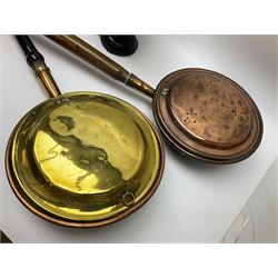 Set of Weylux Prince cast iron and brass weighing scales with weights, together with three copper and brass warming pans and other metal ware