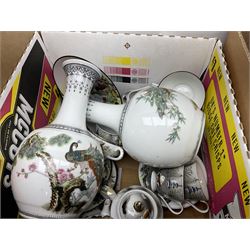 Quantity of ceramics to include Limoges egg box decorated with flowers, Limoges miniature furniture, Beswick bulldog and blue tit figures, Royal Worcester Palissy, pair of Chinese vases, Japanese tea wares, collection of thimbles, Crown Staffordshire, teawares, together with two Murano style glass clowns etc