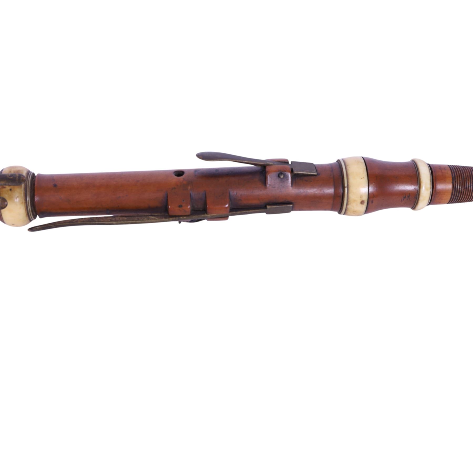 Early 19th century boxwood clarinet, each of the four sections stamped Metzler, 105 Waldour Street, London, with mouthpiece, ivory mounts and brass keys
This item has been registered for sale under Section 10 of the APHA Ivory Act