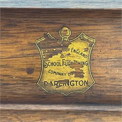 The North of England School Furnishing Company Limited Darlington - early 20th century oak school cupboard, projecting moulded cornice over two panelled doors, fitted with shelves, on chamfered plinth base 