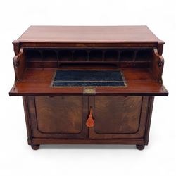 Regency mahogany secretaire cabinet, rectangular top over fitted secretaire drawer enclosing a tooled leather writing surface and pigeonholes, above a pair of panelled cupboard doors, raised on bracket feet