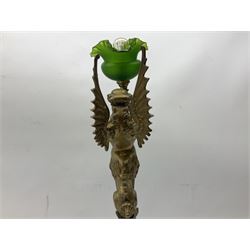 Victorian gilt bronze converted gas lamp in the form of  mythical winged mermaid upon a circular oak base, with a frilled green glass shade, H44cm
