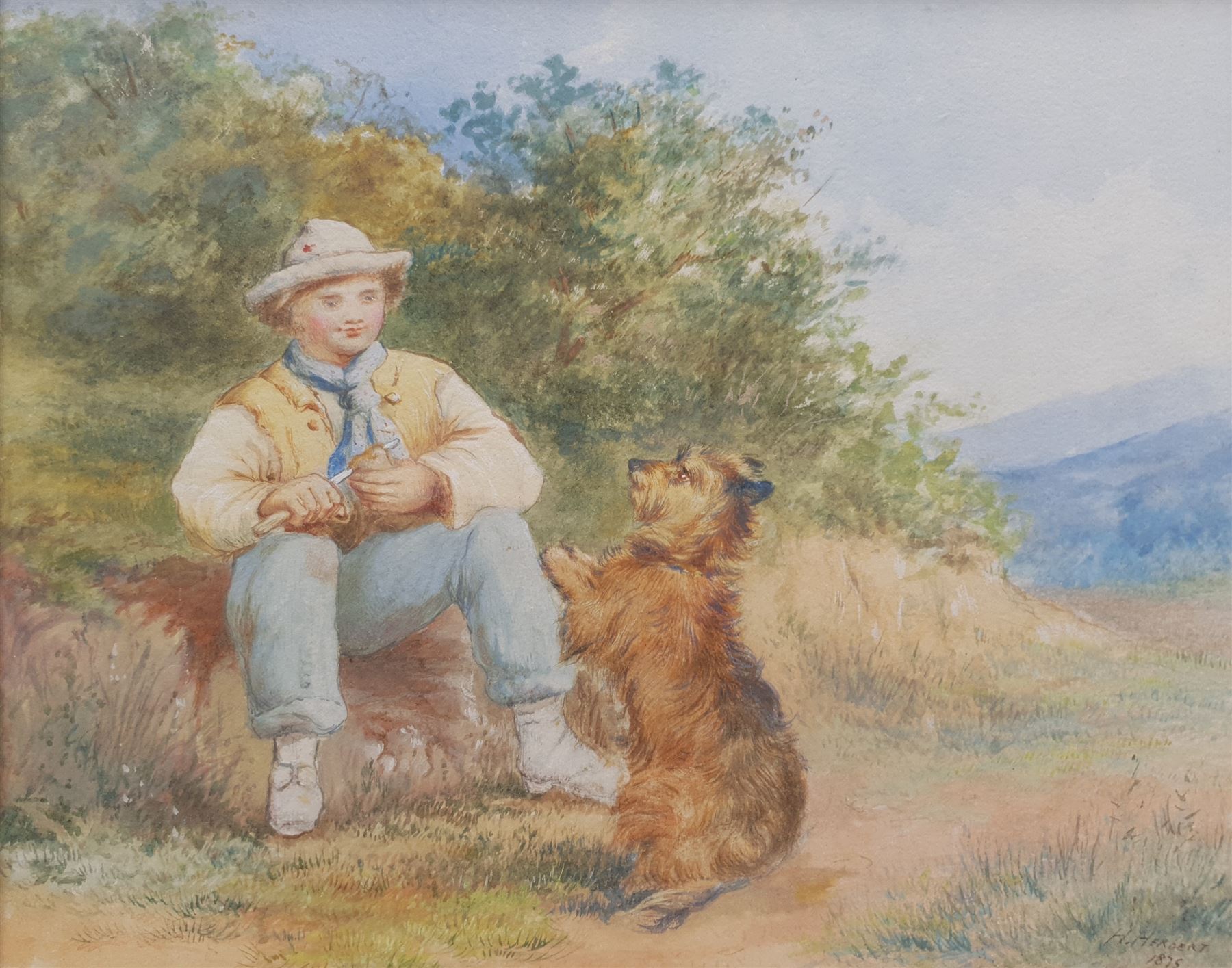 H Herbert (British 19th century): Boy Feeding his Terrier, watercolour signed and dated 1875, 22cm x 28cm