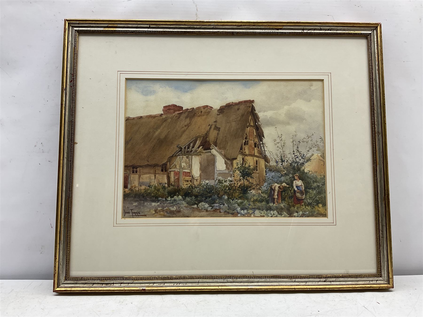 John Terris (Scottish 1865-1914): Gardening, watercolour signed 29cm x 42cm
Provenance: with Tillywally Gallery, Milnthort, Kinross-shire, label verso