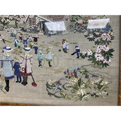 20th century needlework depicting young children in a school yard amongst trees and flowers, in glazed oak frame, W60cm