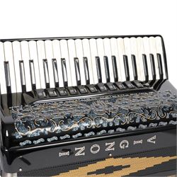 Vignoni Philharmonic II basso piano accordion, with 41 keys, possibly a custom model,  the black high gloss case with carrying strap and in fitted case with grey faux fur interior