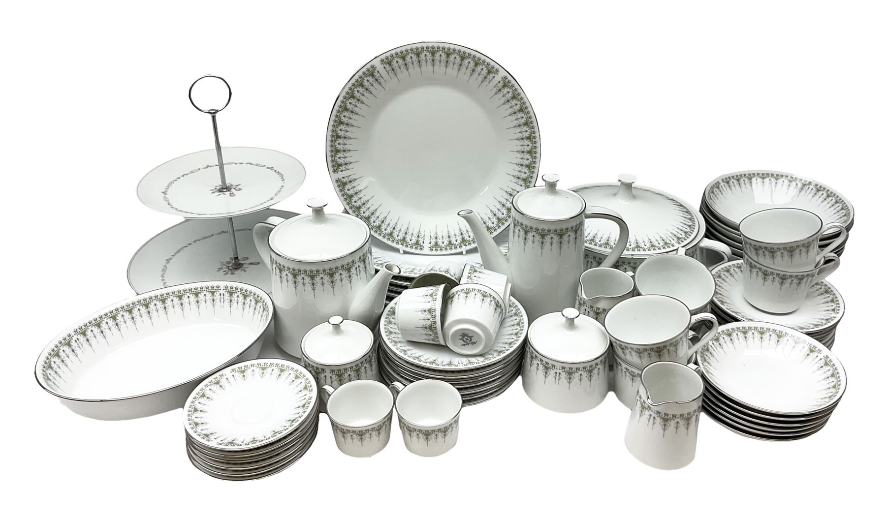 Noritake Kambrook pattern tea and dinner service for six, to include twin handled lidded tureen, lidded sucrier, teapot and coffee pot, six teacups and saucers, six dinner plates etc, together with a Noritake cake stand, all with printed marks beneath