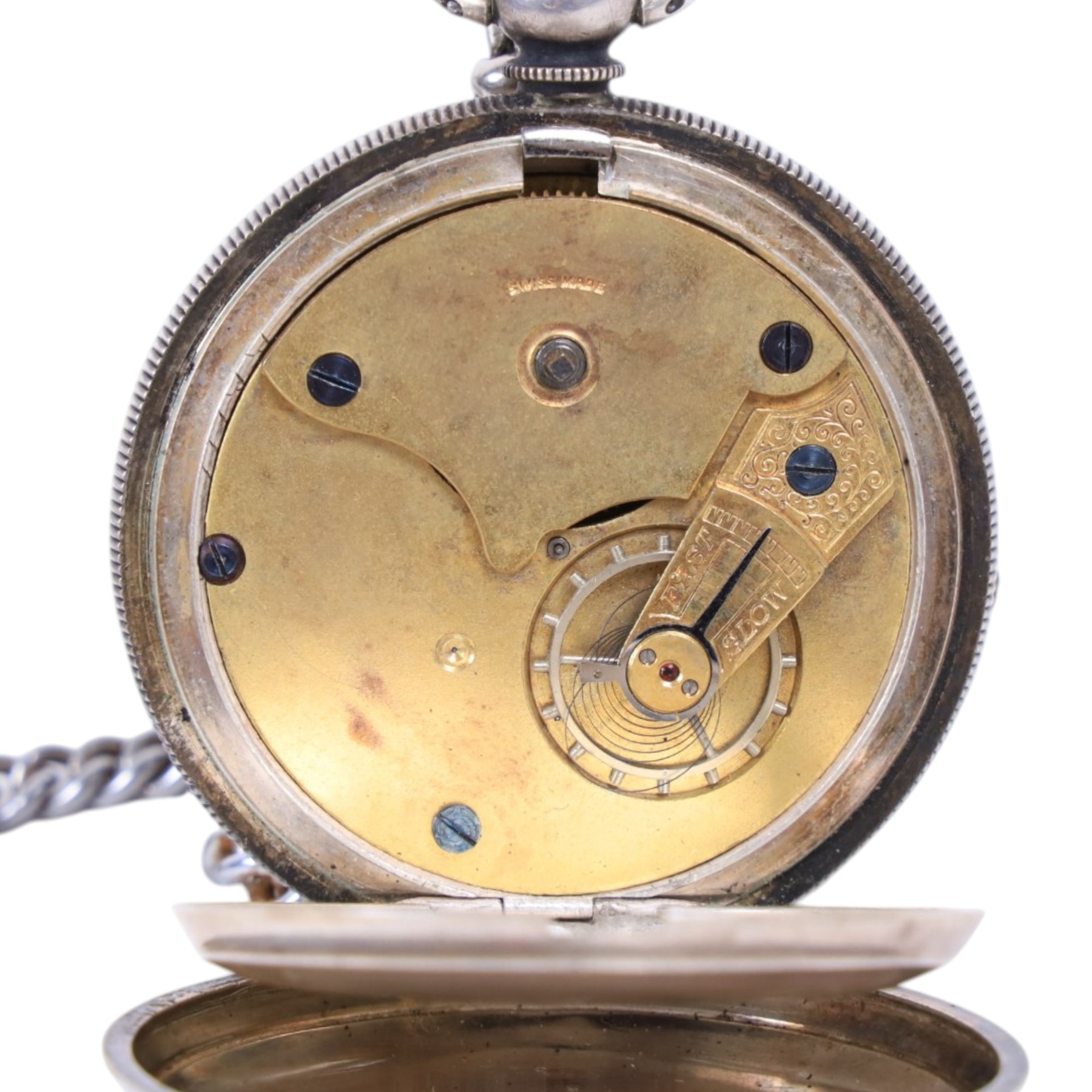 Silver pocket watch on silver plated chain, gold plated Garrard pocket watch with presentation engraving on reverse and one other