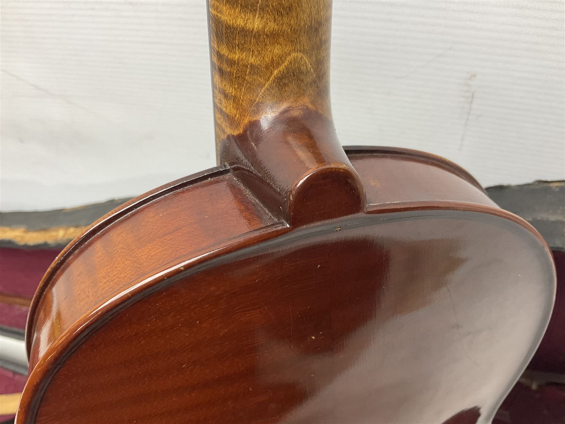 German trade violin 1950s with 36cm two-piece maple back and ribs and spruce top, bears label 'Johann Stainer in Absam prope Oenipontum 1650' L59cm; in carrying case with bow impressed Tourte