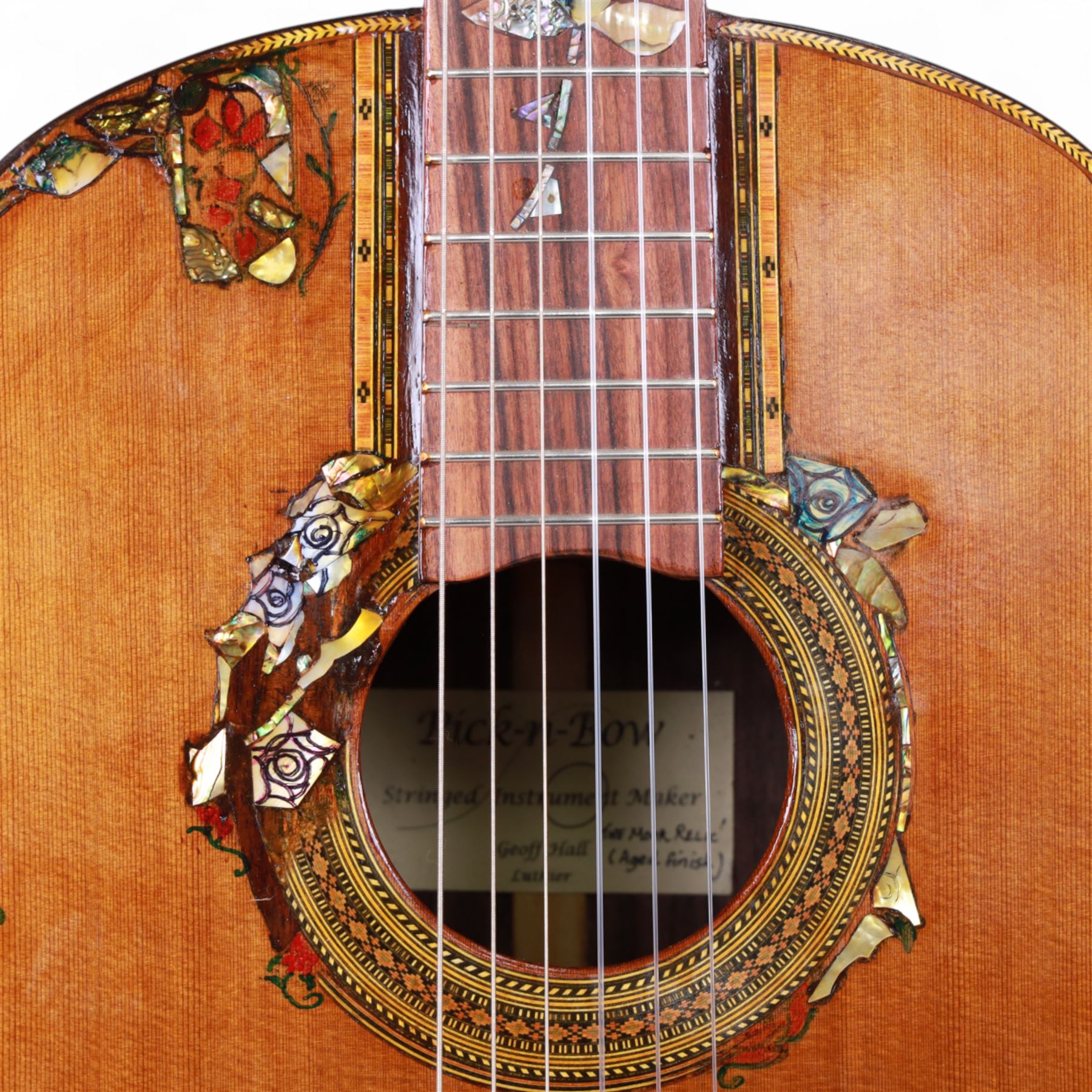 'The Moor Relic' classical guitar, with aged finish and abalone inlay, made by Geoff Hall, stringed instrument maker