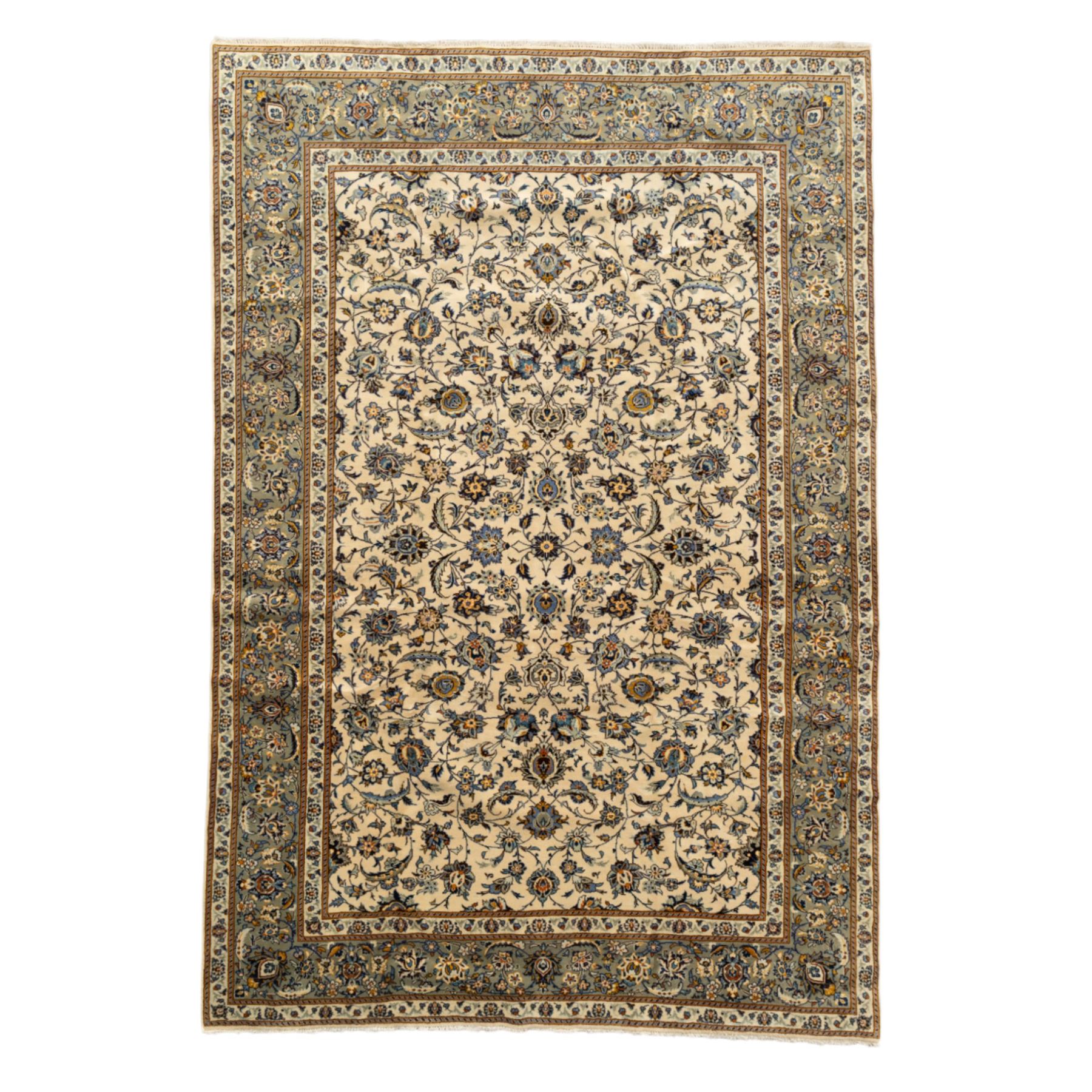 Central Persian Kashan hand-knotted rug, ivory field intricately decorated with an all-over design of scrolling vines, palmettes, and stylized lotus motifs in shades of soft blue, pale gold, and indigo within floral borders