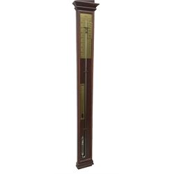20th century - Replica mercury wall mounted stick barometer, fully glazed case with a gilt register measuring air pressure in inches, adjustable vernier and recording pointer, with a conforming thermometer  recording the temperature in degrees Fahrenheit and Celsius.  