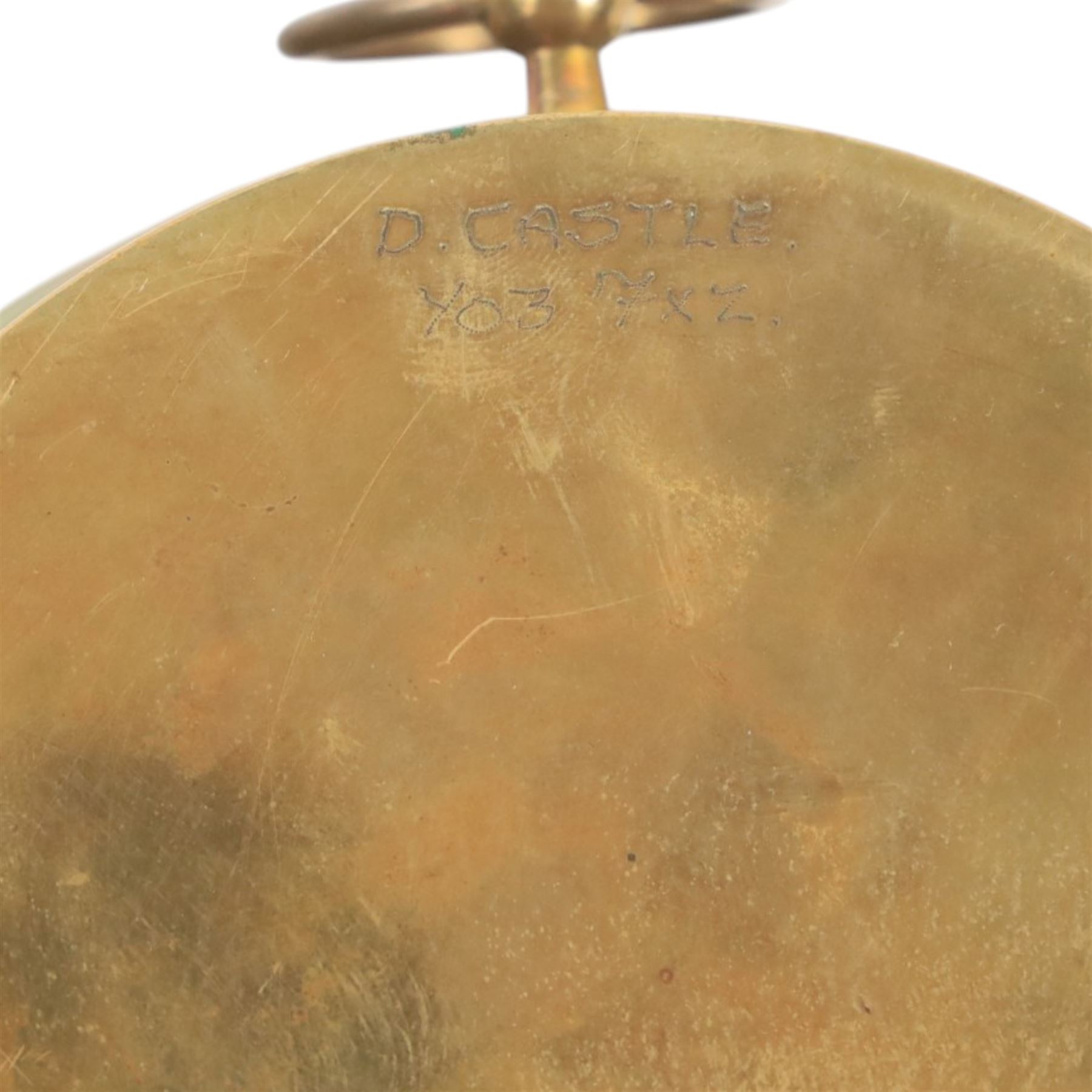 19th century brass drum-cased aneroid barometer, with silvered dial, D12cm 
