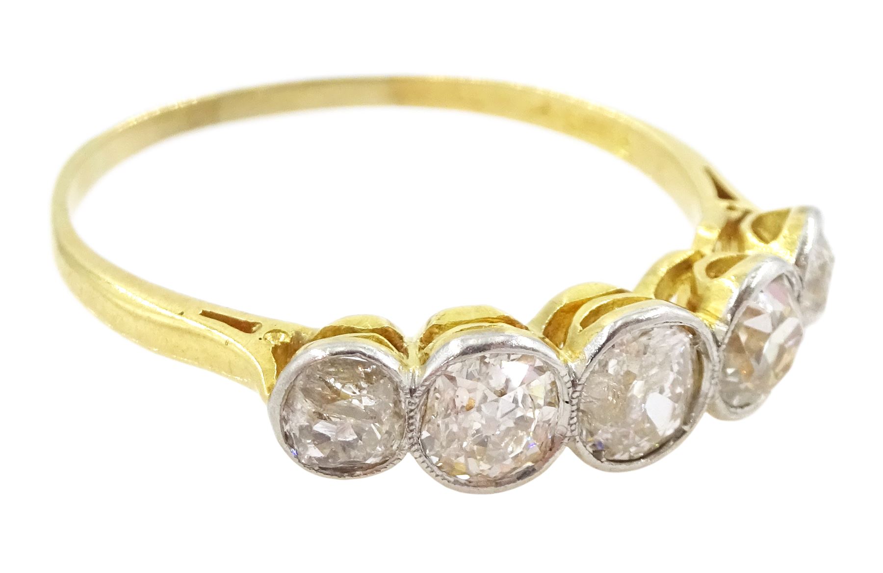 Early 20th century gold five stone old cut diamond ring, stamped 18ct, total diamond weight approx 1.50 carat