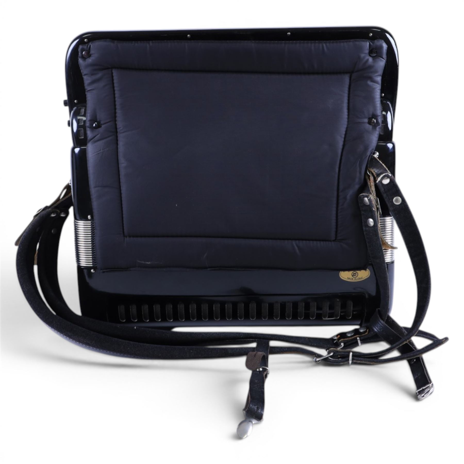 Borsini Professional 5-Row Chromatic button accordion, with 92 white pearlescent chromatic buttons and 136 bass buttons, possibly a custom model, in black high gloss case, with carry strap and original hard carrycase