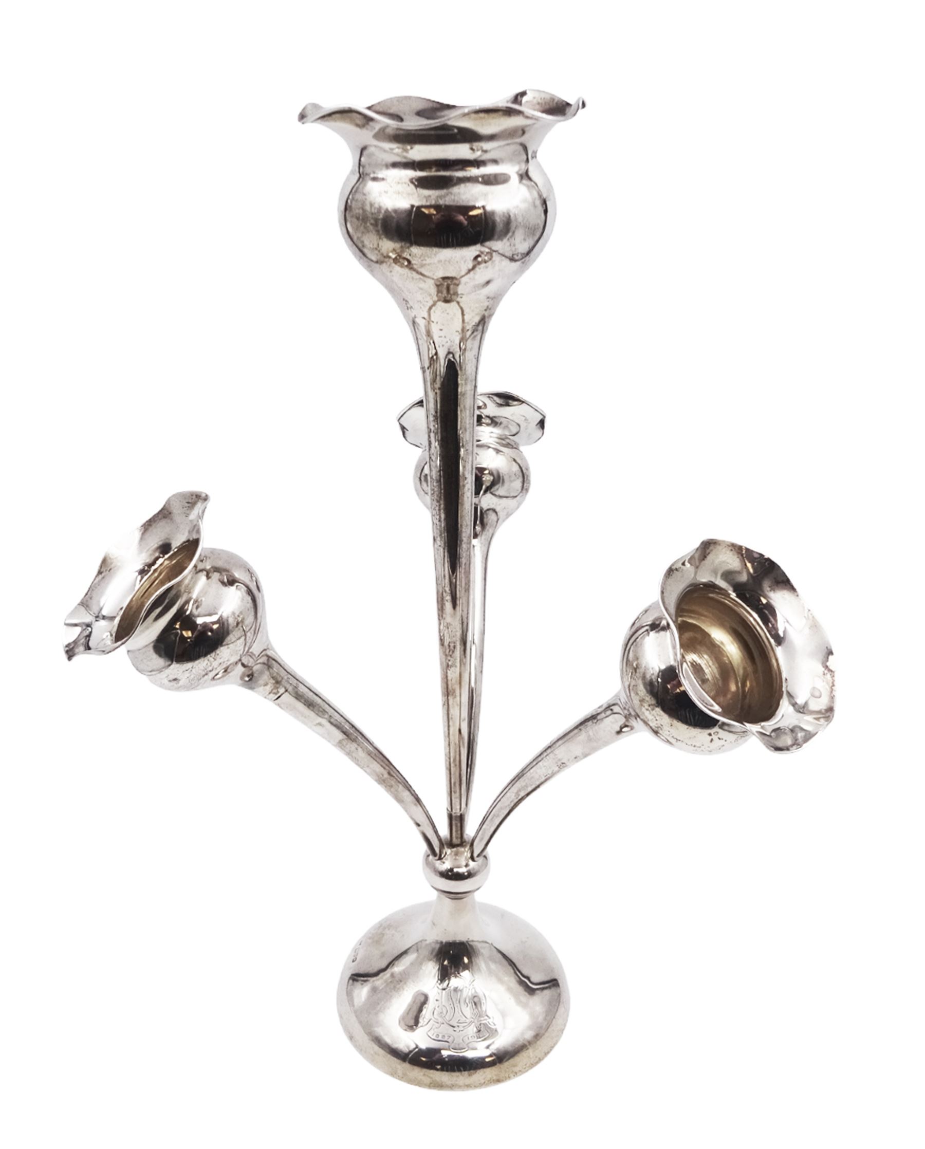 Early 20th century silver epergne, with four fluted branches, upon a weighted domed circular foot, engraved foot with monogram date 1887-1912, hallmarked Colen Hewer Cheshire, Chester 1910, H39.2cm