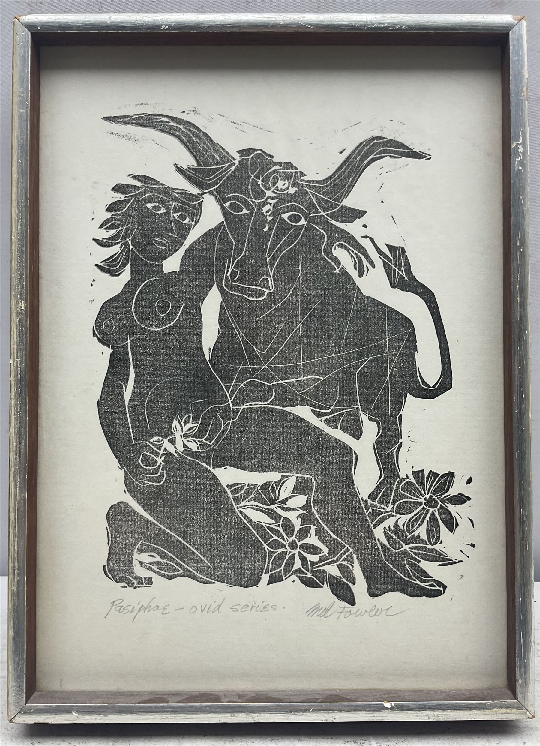 Mel Fowler (American 1921-1987): 'Pasiphaë - Ovid Series', woodblock print signed and titled in pencil 31cm x 23cm; 'Tuba Player', coloured etching signed titled and numbered 23/100 in pencil 7cm x 10cm (unframed) (2)