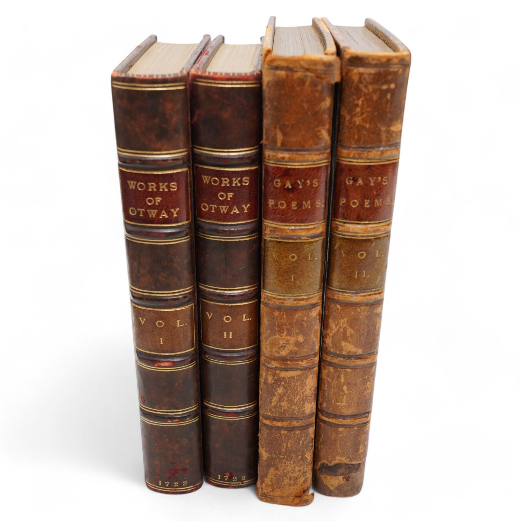 'The Works of Mr Thomas Otway' printed for D Browne et al, two volumes 1722 all edges gilt, rebound in full calf, Gay, John - 'Poems on Several Occasions' 1767, two volumes, all edges gilt in full calf and other leather bound poetical works etc