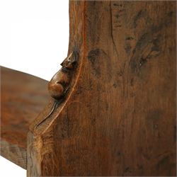 Mouseman - circa 1920s/1930s oak open back 3ft bookcase, the adzed top with scalloped detail, dual depth adzed ends, with two adjustable shelves over two fixed shelves, with carved fat mouse signature, by Robert Thompson of Kilburn