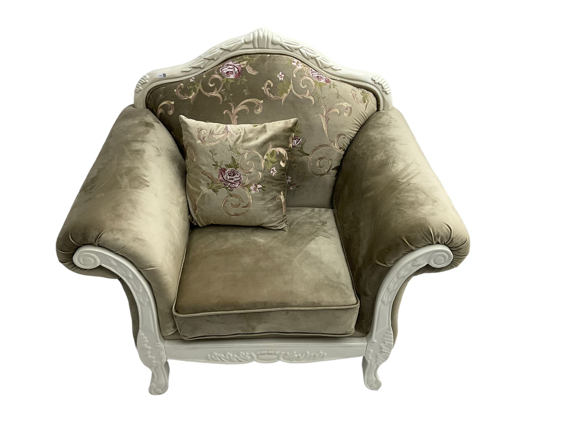 French style white finish armchair, upholstered in grey fabric with scrolling floral pattern, the frame decorated with leaf motifs 