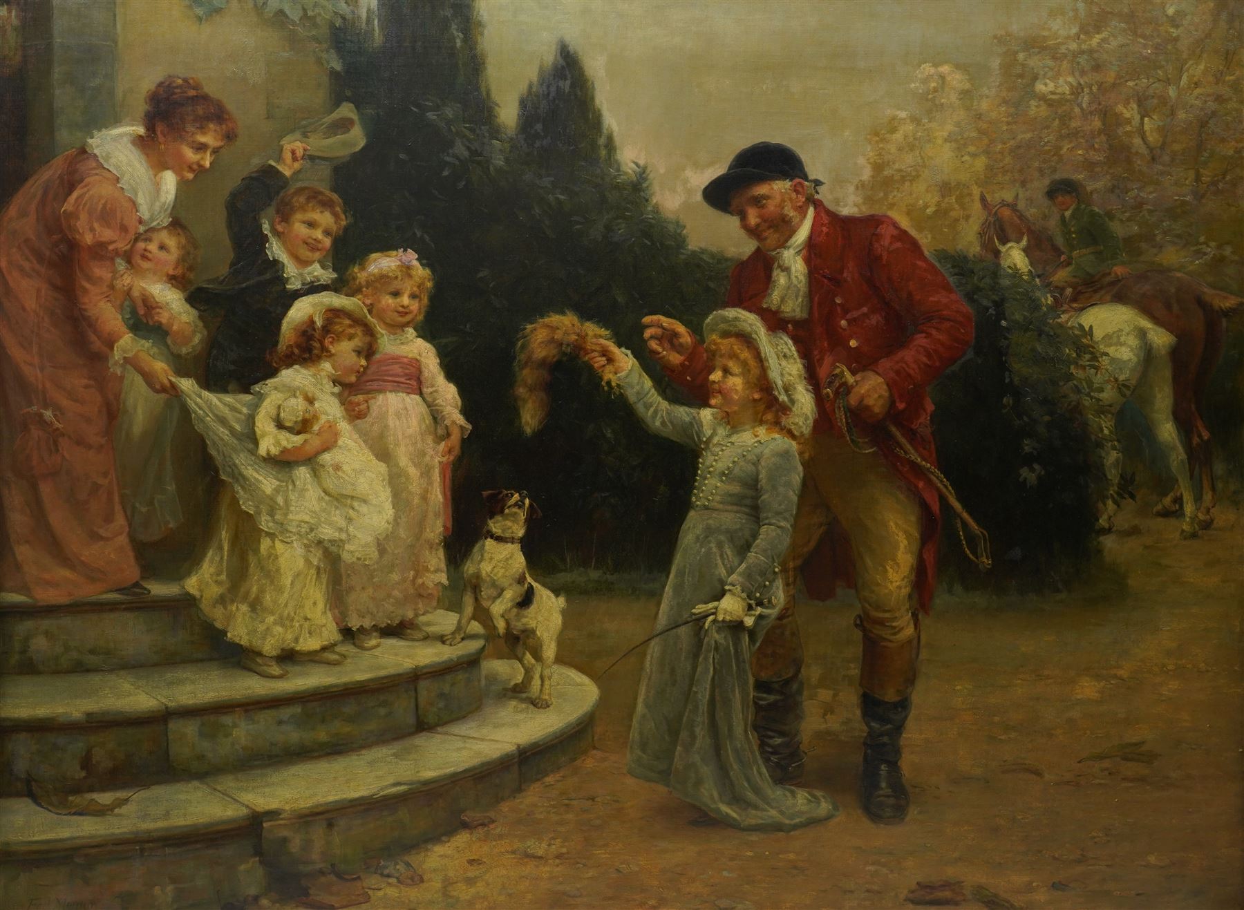 Frederick Morgan (British 1847-1927): Father and Daughter Returned from the Hunt, oil on canvas signed 91cm x 121cm