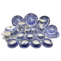 Copeland Spode Italian dinner and tea wares, to include six cups and saucers, six dessert plates, four dinner plates, salt and pepper shakers, covered dish, large jug etc,  mixture of black and blue printed marks beneath (34)