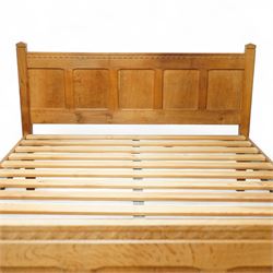 Beaverman - Yorkshire oak 5' double bedstead, panelled headboard and footboard with carved chip and adzed decoration, square corner posts and slatted base by Colin Almack of Sutton near Thirsk