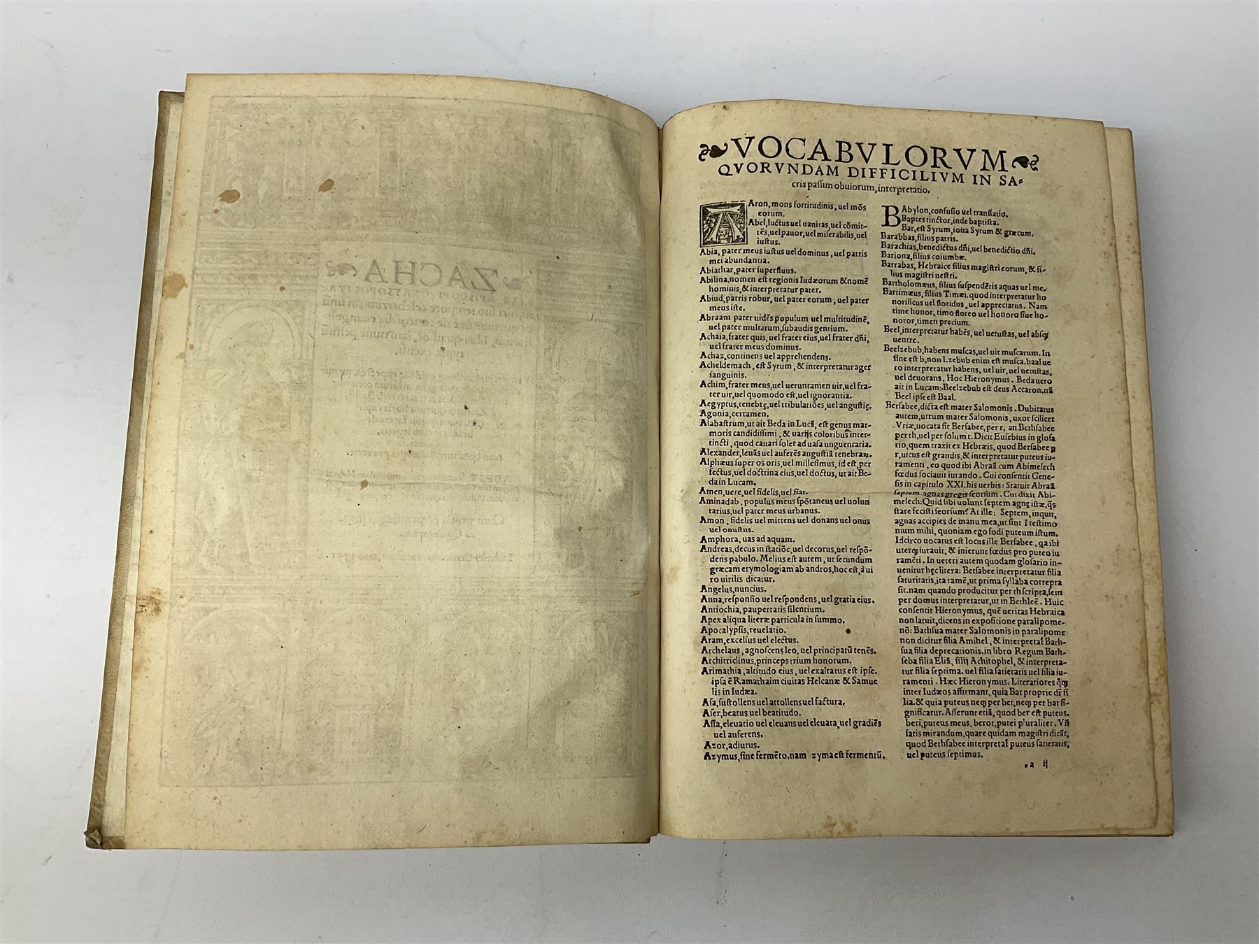 Zacha Riae Episcopi Chrysopolita Ni, Uiri Suo Tempore Celeberrimi, In Unu Ex Quatuor Fiue De Concordia Evangelistarum, Libri Quatuor, Iam Nunc Primu Typis Excusi .... 1535 Eucharius Ceruicornus Excudebat. Title page with border of engraved figures. Later full vellum binding.