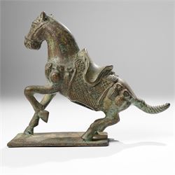 Chinese archaistic bronze wine vessel, Shang dynasty style but 20th century, W25cm; together with a Tang dynasty style model of a rearing horse, H17.5cm (2)