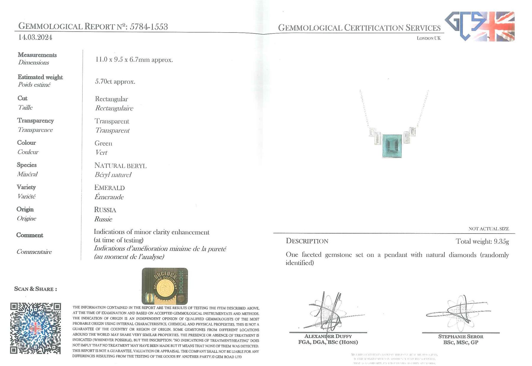 Platinum Siberian emerald and diamond necklace, single rectangular cut emerald of approx 5.70 carat, with two rectangular cut diamonds set either side, to a trace link chain necklace, hallmarked, total diamond weight approx 0.70 carat, the GCS certificate