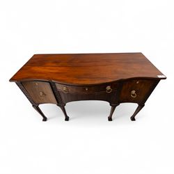 Late 19th-century mahogany bowfront sideboard, fitted with a central frieze drawer above a reeded apron drawer flanked by two deep cupboards, raised on cabriole legs with ball and claw feet