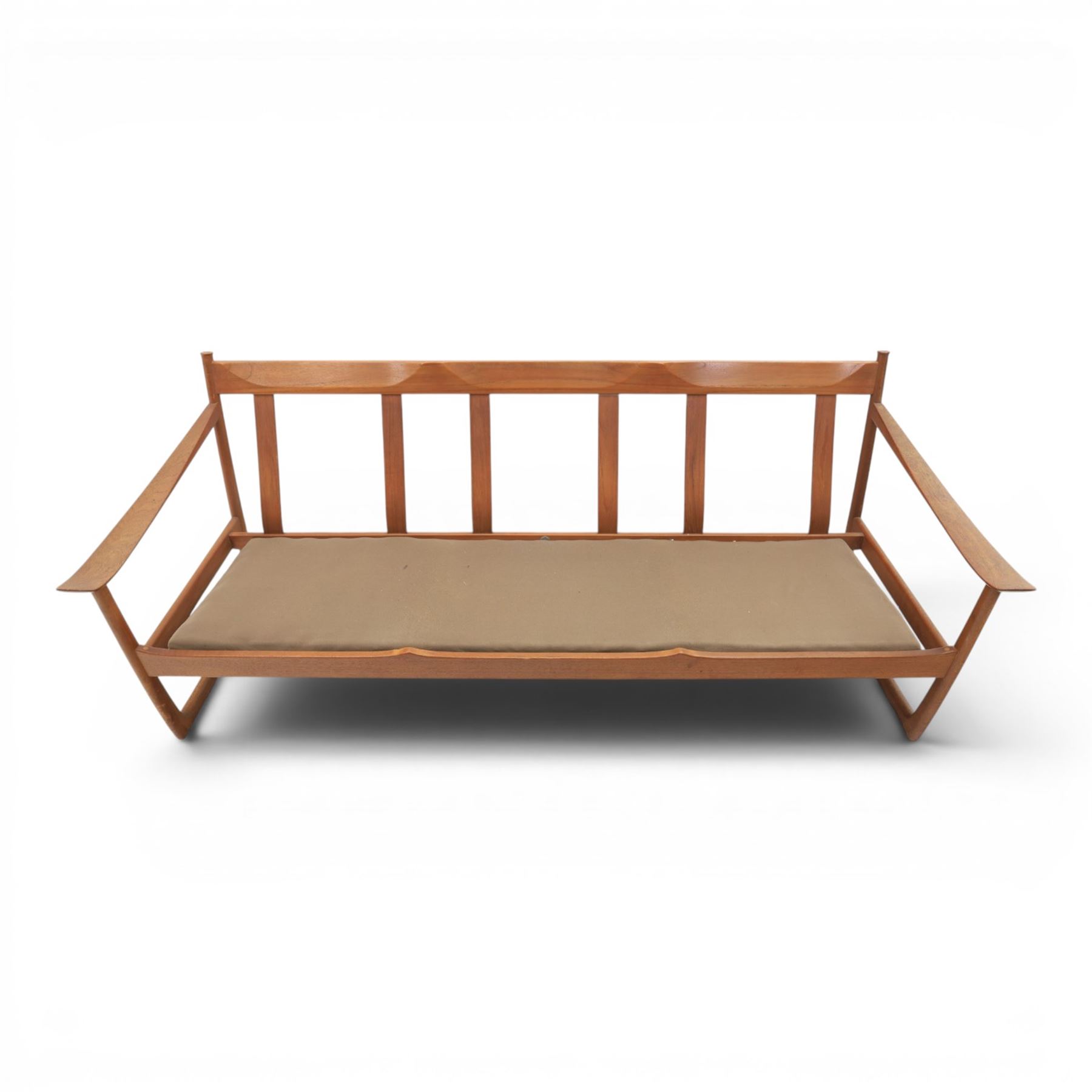 Peter Hvidt and Orla Mølgaard for France and Son - mid-20th century model FD130 teak framed three seater settee, foliate design loose cushion 