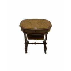 Victorian figured walnut work table, the shaped moulded top over single drawer and upholstered bag, shaped end supports with pierced decoration joined by turned stretcher, splay scroll carved supports