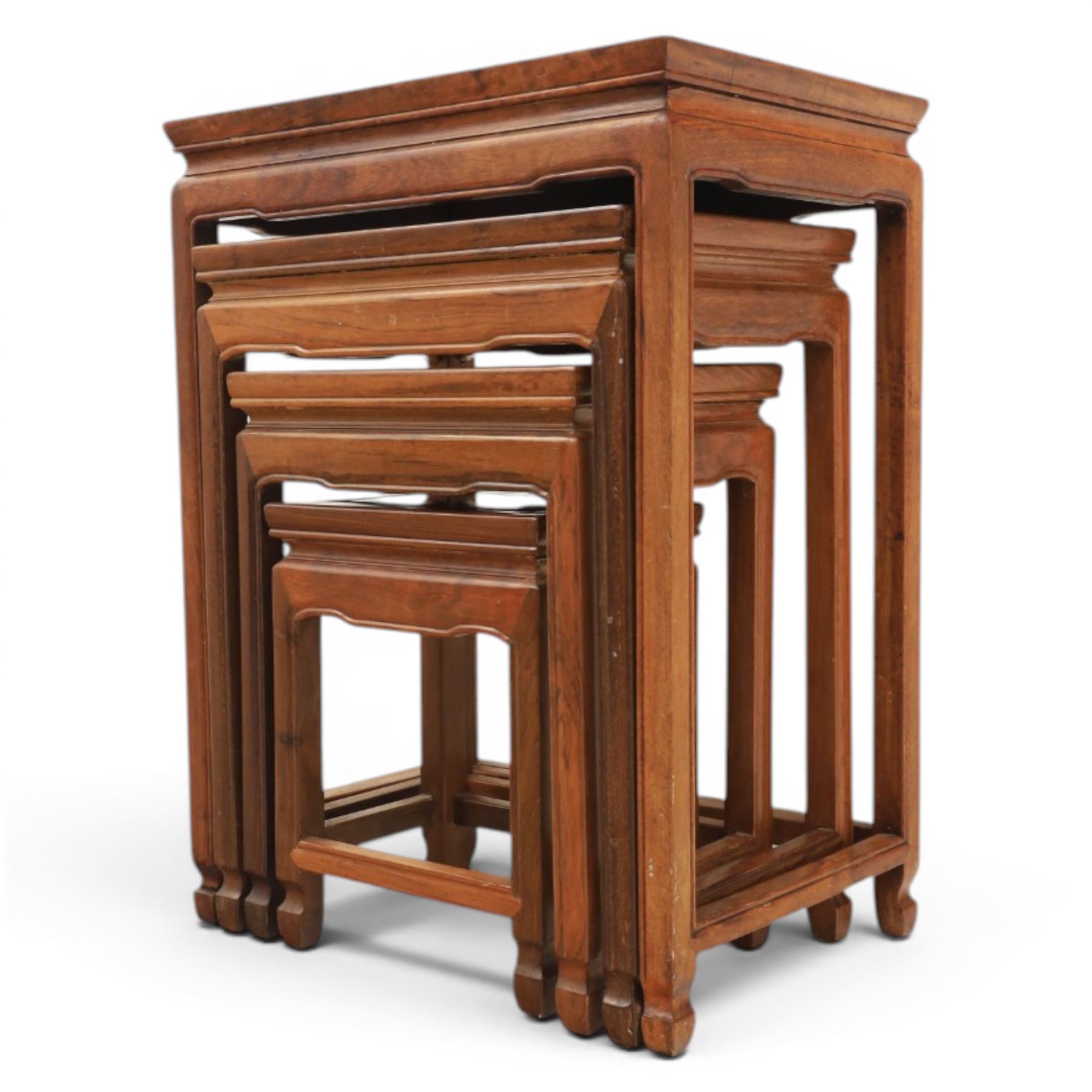 Chinese hardwood quartetto nest of tables, moulded rectangular top, square tapering legs terminating in spade feet