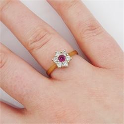 18ct gold round cut ruby and round brilliant cut diamond cluster ring, Birmingham import mark 1989, total diamond weight approx 0.30 carat