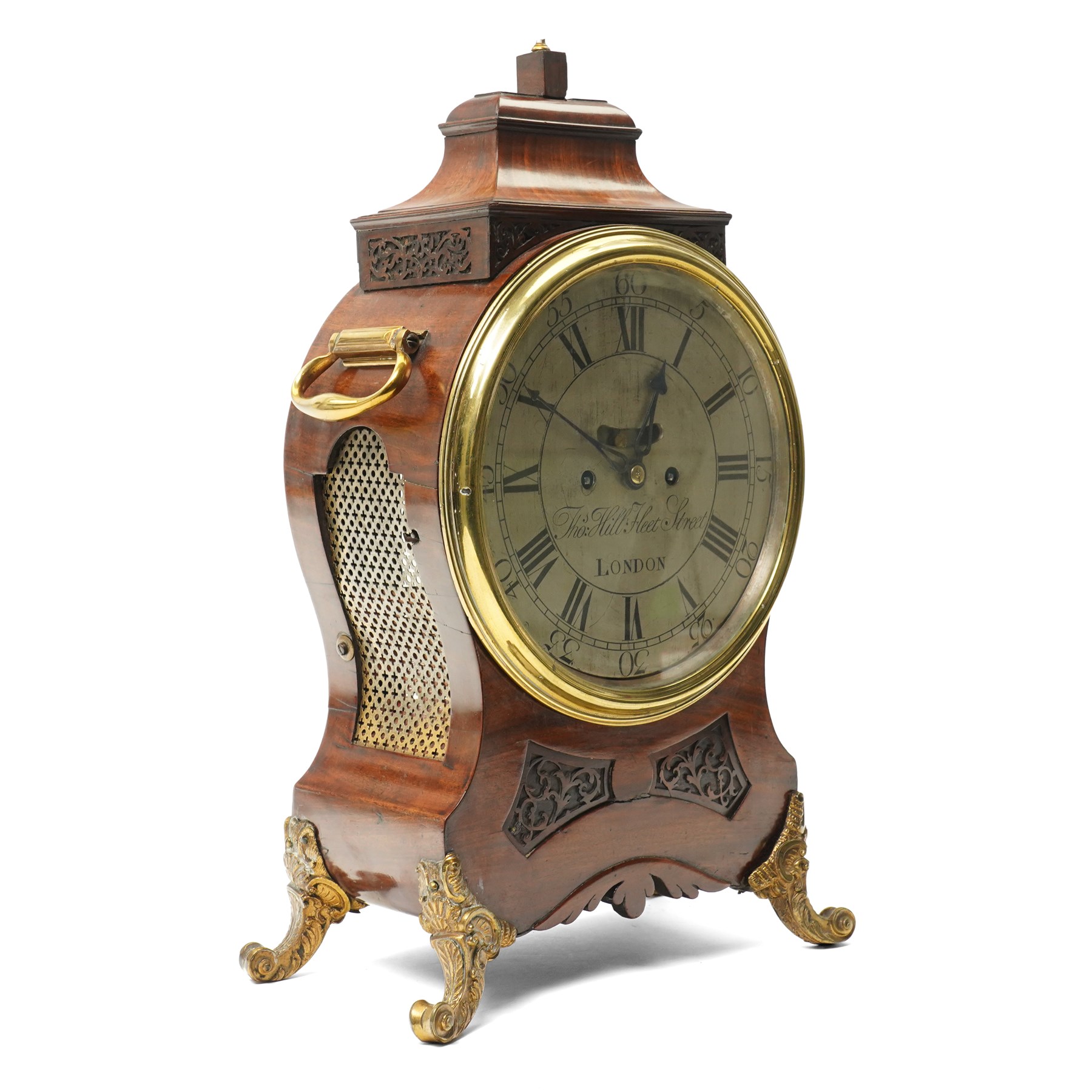 18th century bracket clock with twin chain fusee movement, the steel dial inscribed Thomas Hill, Fleet Street, London in mahogany case with blind fret carved panels, brass handles on gilt brass scroll feet with a later mahogany bracket H50cm excluding bracket