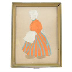 Four silkwork embroidery portraits, including two Dutch women, man smoking a pipe and a woman in period dress, all framed