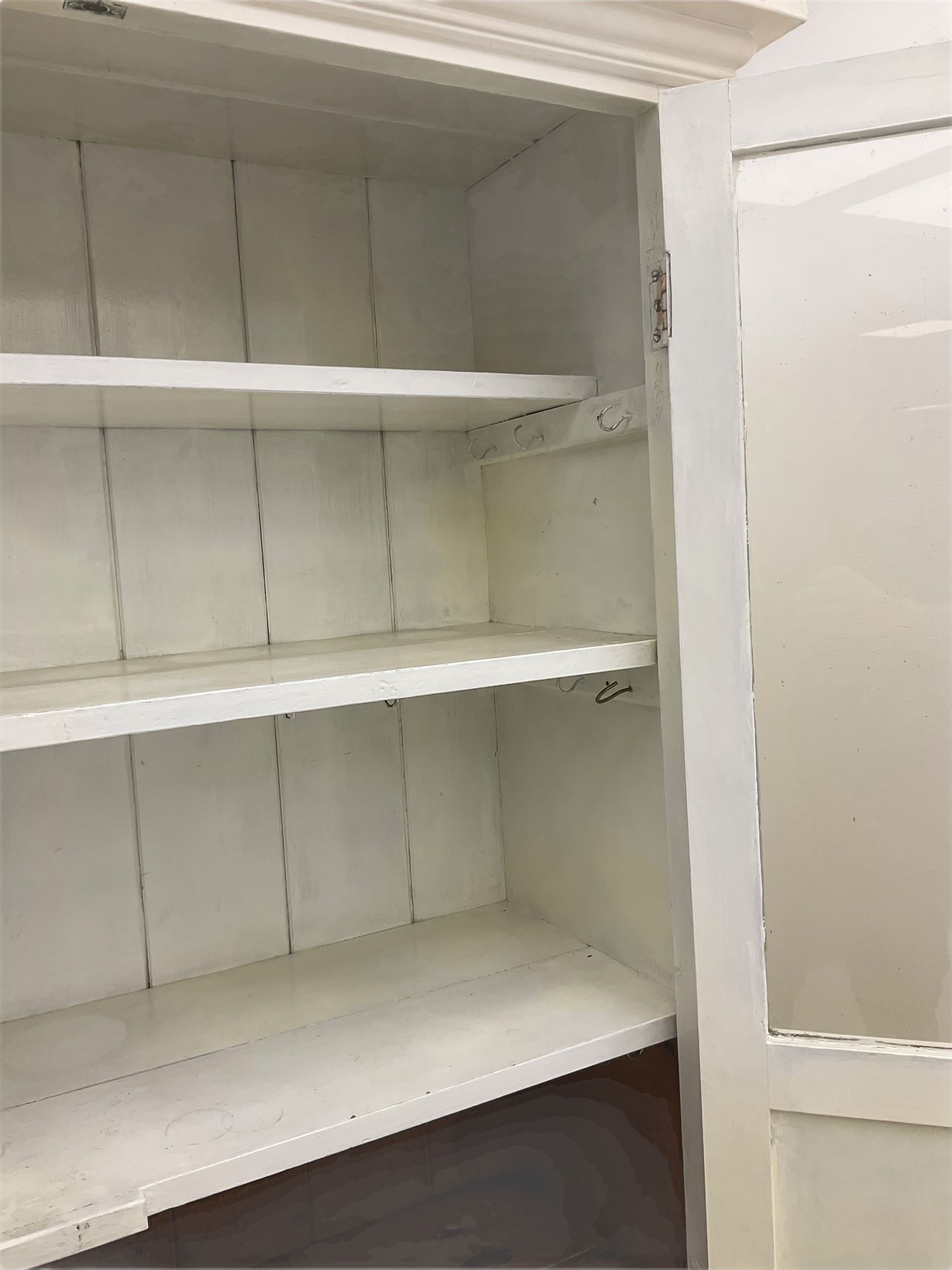 19th century painted pine kitchen cupboard, enclosed by two part glazed doors