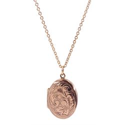 Rose gold oval locket with engraved decoration, on gold cable link necklace, both hallmarked 9ct