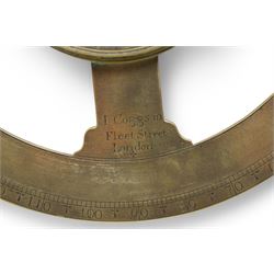 Ihon (John) Coggs of Fleet Street, London,- George II brass circumferentor (theodolite) c1730, housing a cylindrical glazed compass with a steel  indicating hand and engraved (formerly silvered) eight point compass rose to the centre, outer track divided into two-degree intervals and a subsidiary Arabic numeral chapter ring divided into ten minute intervals, mounted on a 12