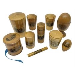 Collection of Mauchline ware, including sewing accessories, comprising ovoid spool holder and thimble case, needle case and a ribbon dispenser, together with a scent bottle holder, hairpin case and four glass holders