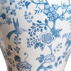 Pair of large table lamps of baluster form, decorated with exotic birds perched in flowering trees, upon gilt circular bases,  H68cm including shade