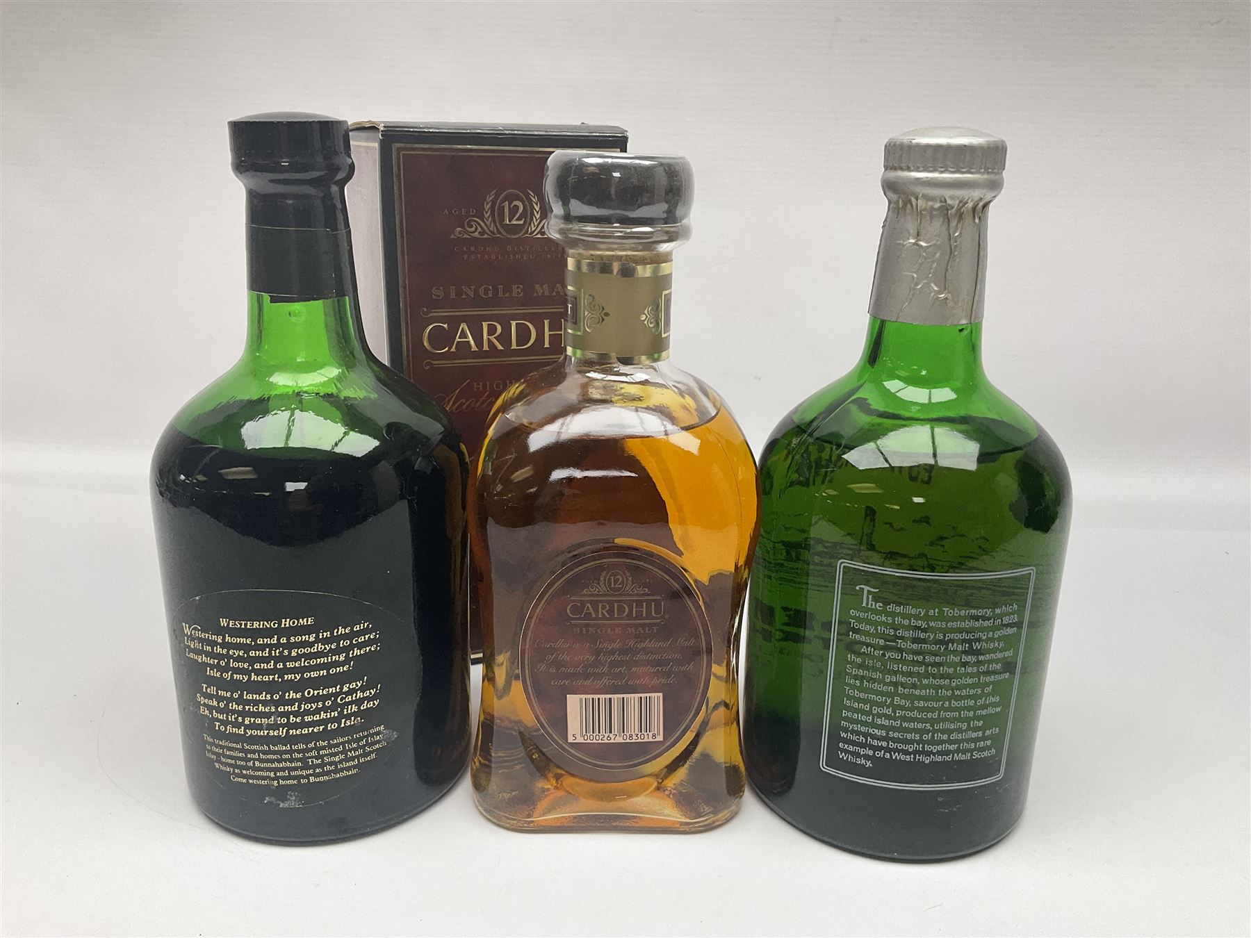 Tobermory Isle of Mull, malt Scotch whisky, Bunnahabhain 12 year old, single malt Scotch whisky and Cardhu 12 year old Scotch whisky, various contents and proof