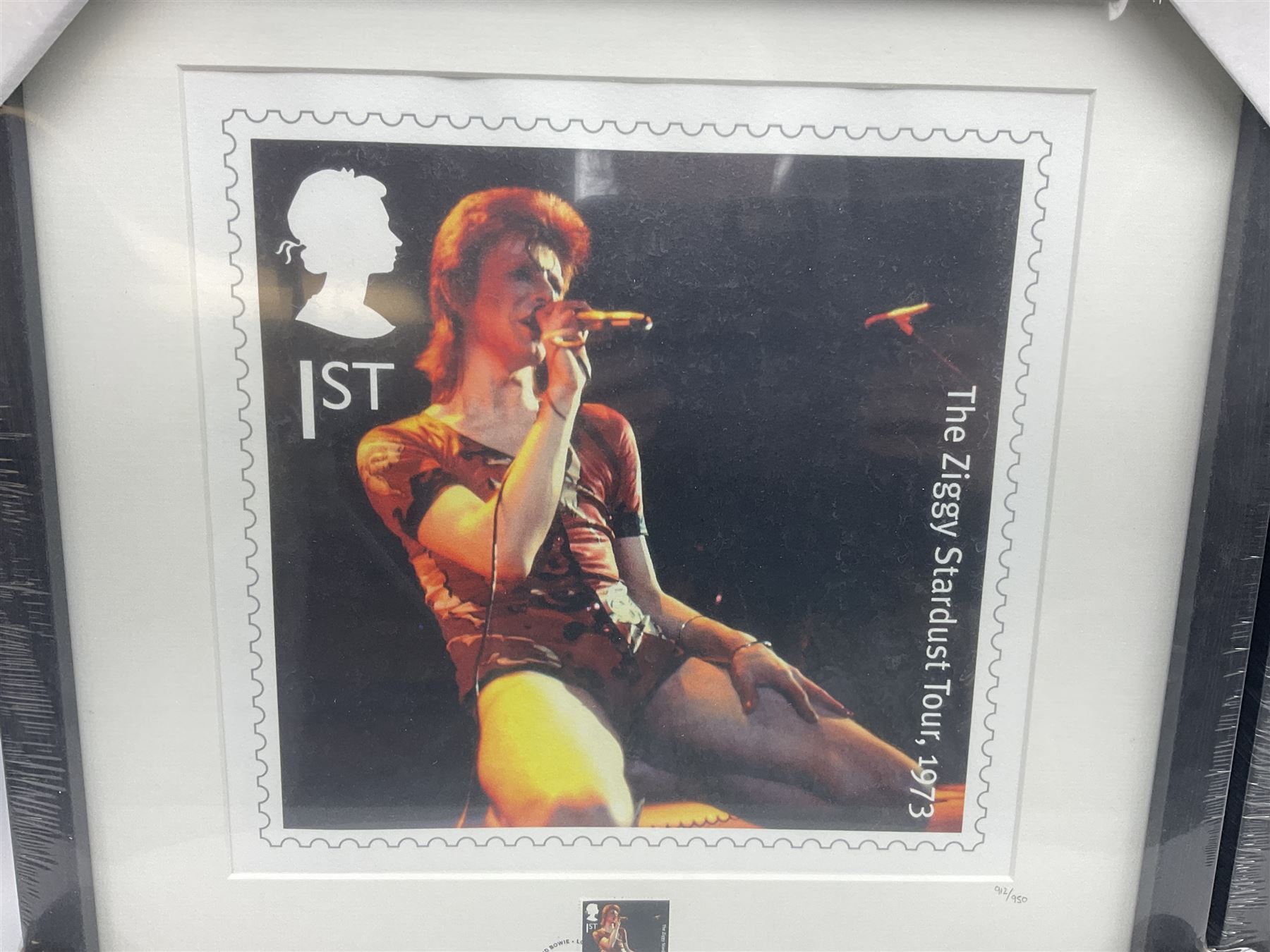 Set of four Royal Mail David Bowie limited edition album stamp prints, comprising Heroes, Ziggy Stardust Tour, Hunky Dory and Let's Dance, all framed and in original packaging, H43cm W43cm