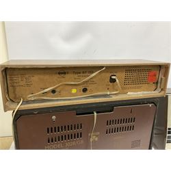 Three mid 20th century radios comprising 1950s Grundig wood cased valve radio model 3028/GB, together with a 1970s Grundig Type RF 153 CS 150 radio in teak case, and an Ekco 355 1960's valve radio, largest W60 H35cm D23cm