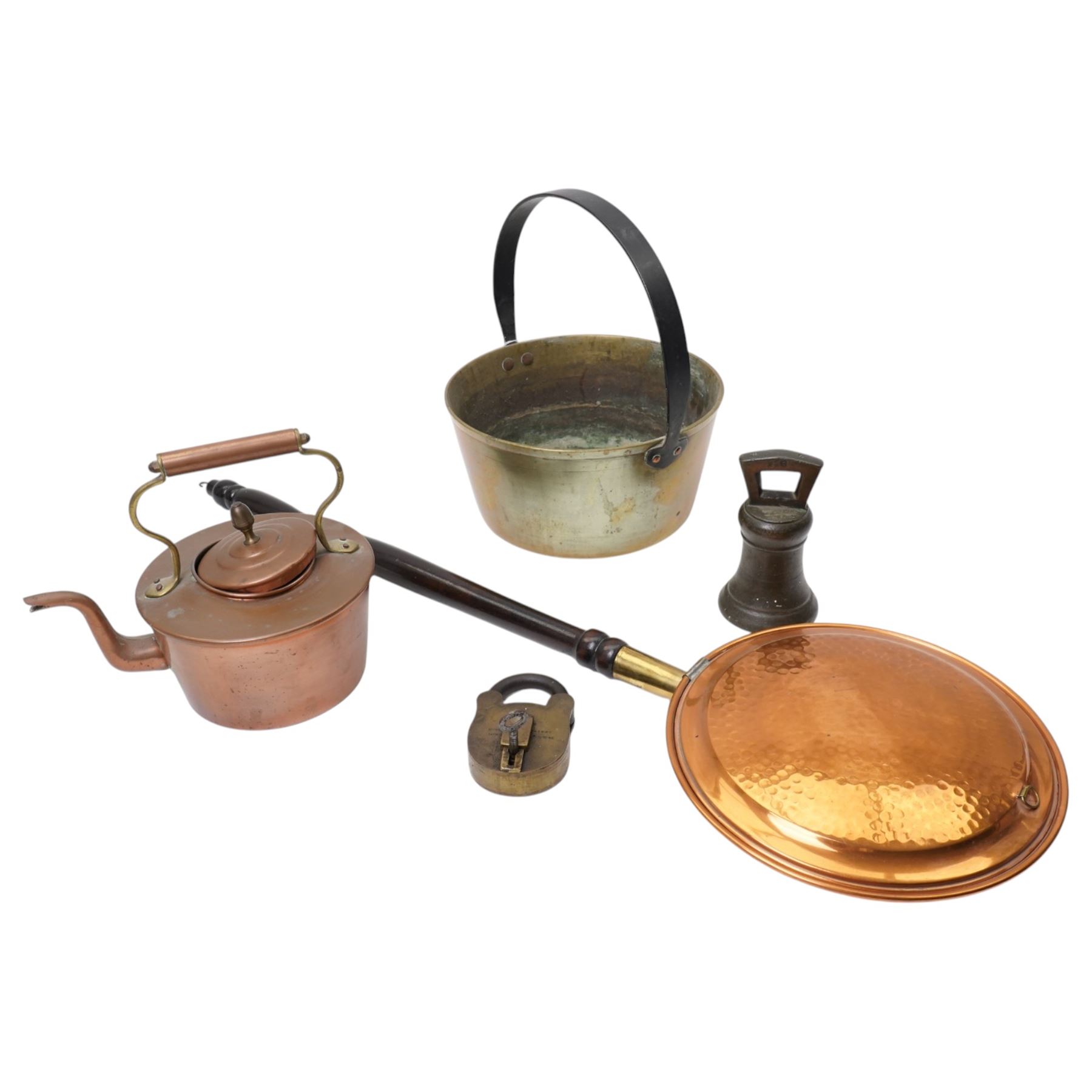 Victorian bronze weight; large padlock, jam pan, copper kettle and warming pan 