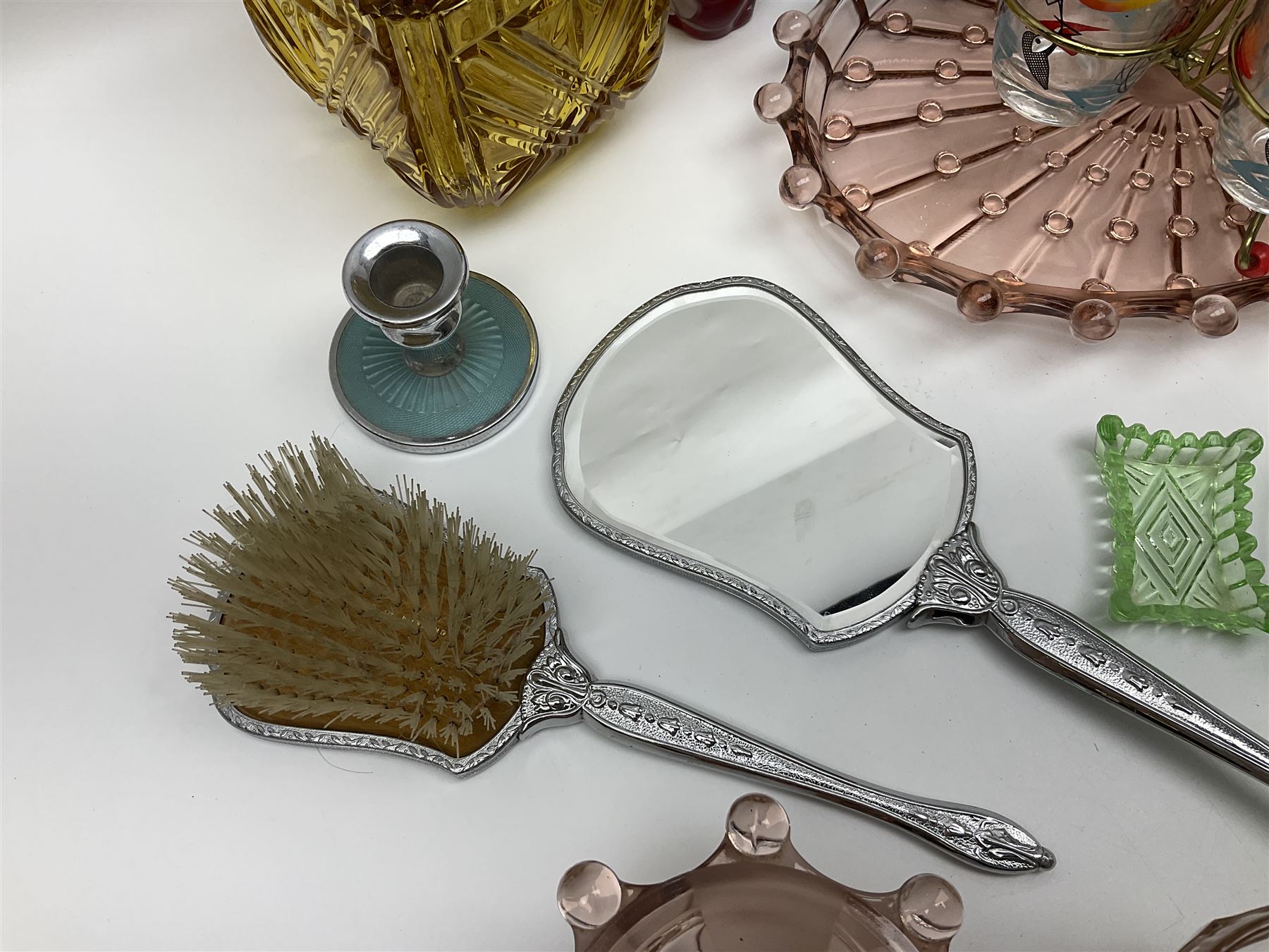Swedish Svenskt Glass limited edition blue glass salmon, modelled by Paul Hoff, together with two vintage moulded coloured glass dressing table sets with jars and trays, spinning shot glass holder with abstract design glasses and an Art Deco vase, etc 