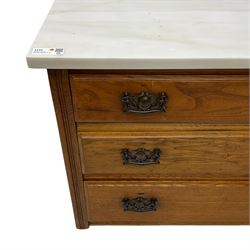 Edwardian oak chest, rectangular white marble top, fitted with three long drawers
